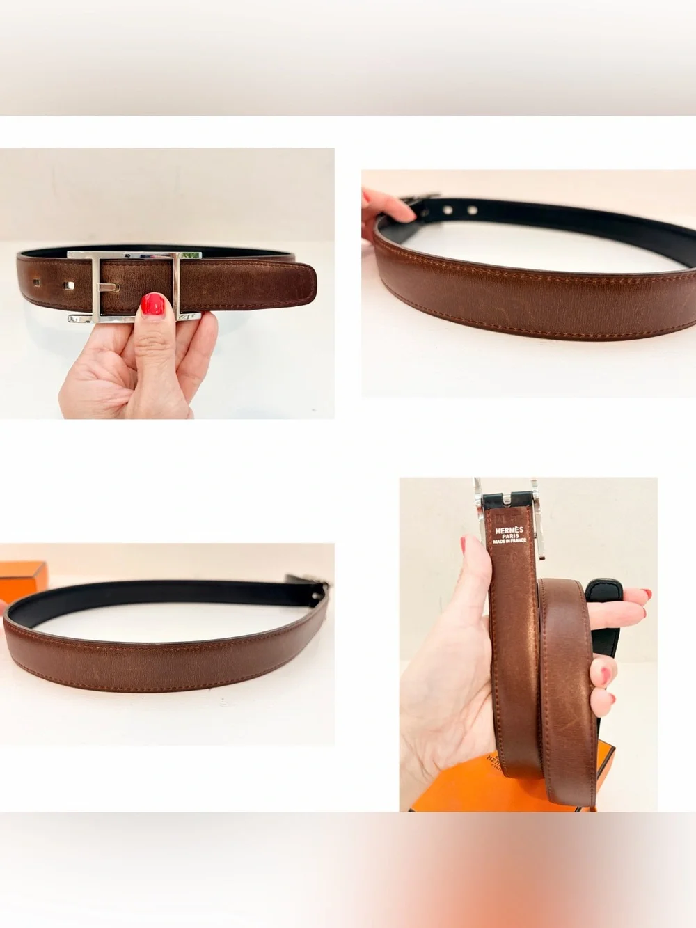 Auth HERMES Quentin Reversible Black/Brown Skinny Leather Belt 1” Width, Size 70